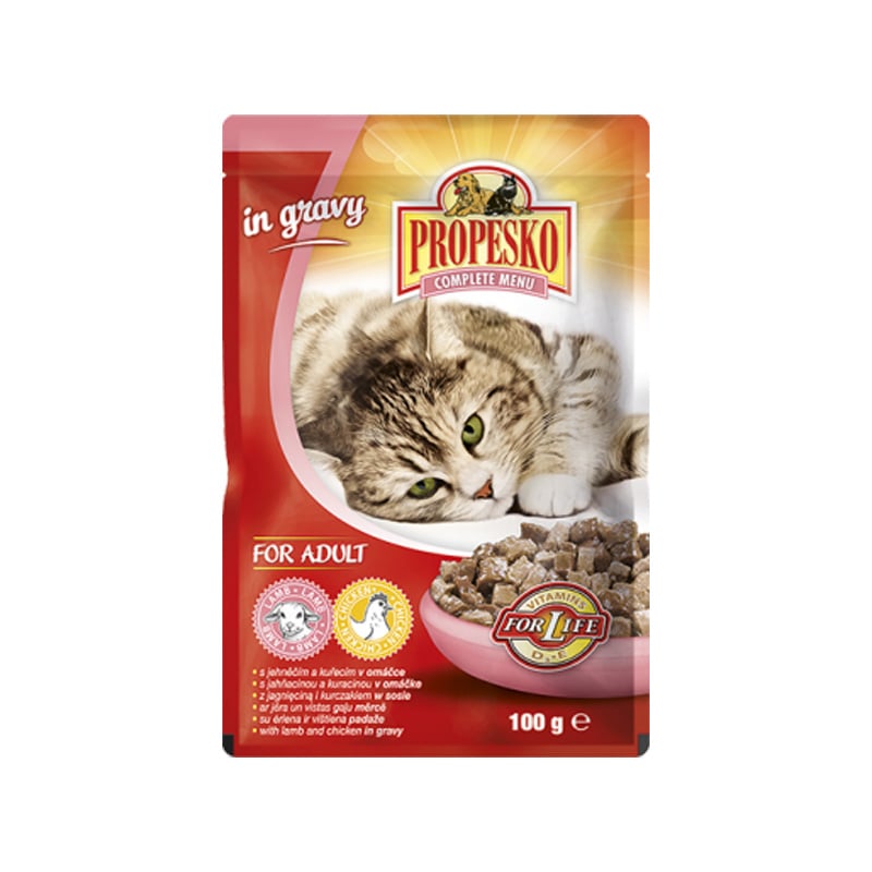 پوچ گربه بالغ در طعم مرغ و بره پروپسکو ۱۰۰ گرم